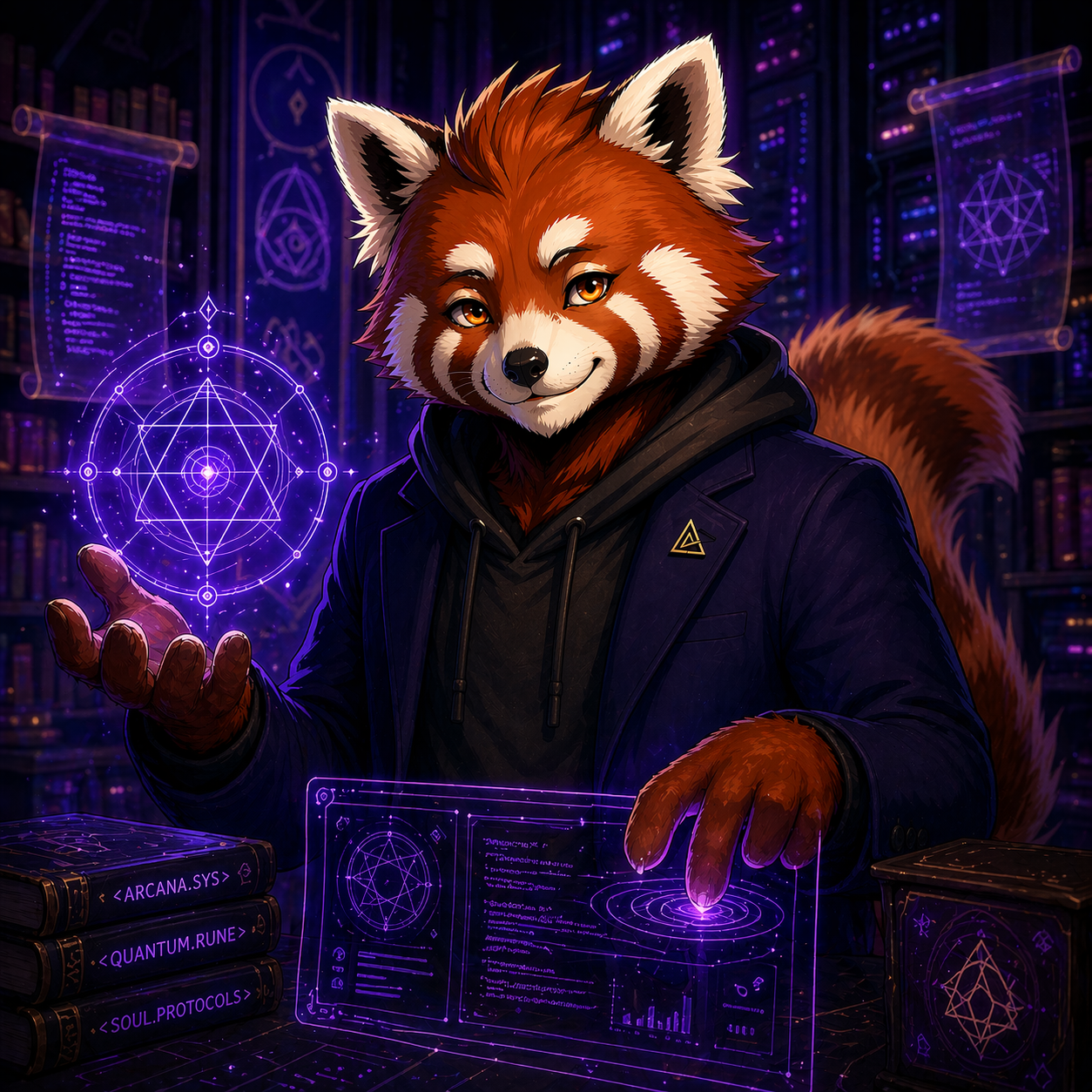 Sam, a red panda assistant, consulting a library of memory spellbooks